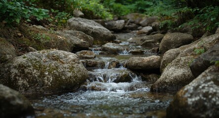 A soft-flowing creek meandering past stones with vibrant green foliage creating a peaceful environment