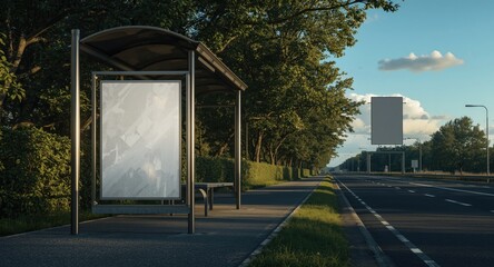 Fototapeta premium Advertising mockup poster at bus stop shelter alongside green roadside and vertical billboard