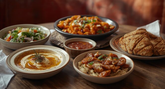 Classic Lebanese mezze dishes served with rich hummus, fresh salad, and soft manouche bread