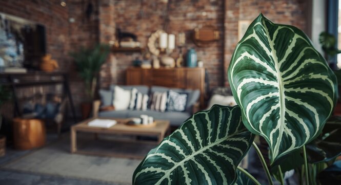 Interior shot of an industrial bohemian living room with Alocasia Frydek plant in selective focus