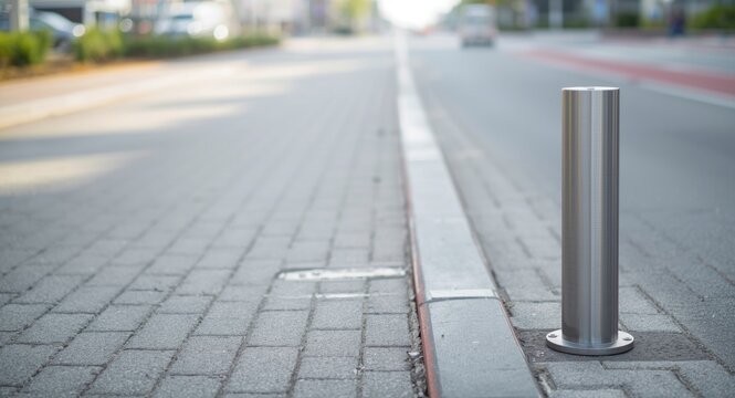 Cylindrical pipe setup adjacent to paved street