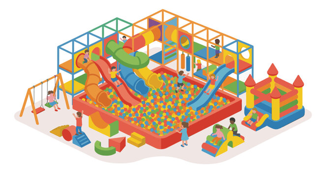 Isometric Indoor Playground and Soft Play Area with Kids Playing Vector Illustration