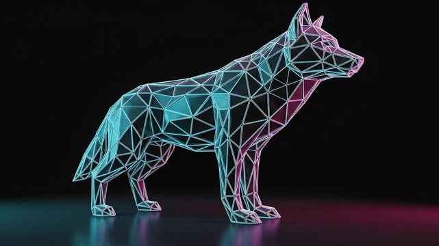 Abstract low-poly wolf wireframe, neon glowing, dark background