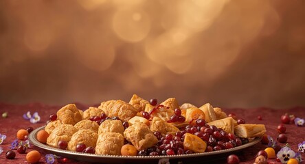 Fototapeta premium Cultural celebration tray with traditional eastern pastries and dry fruits for spring festival