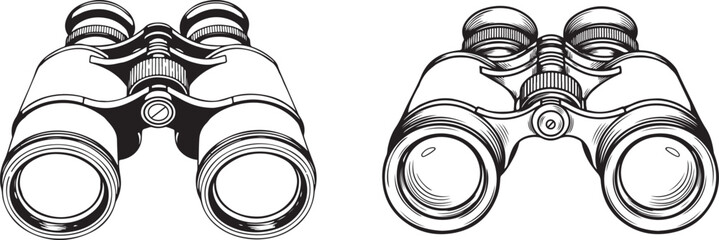 Hand drawn binoculars isolated on white background vintage engraved sketch illustration, Hand drawn line art binoculars set featuring two different perspectives for exploration and adventure.