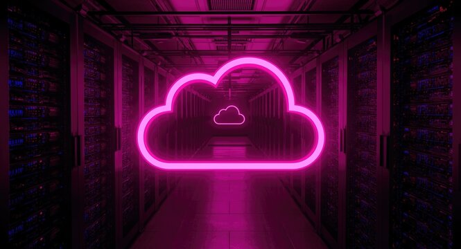 Generative cloud computing data center illuminated by pink neon light with numerous functioning servers