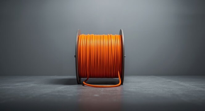 Construction fiber optic cable vibrant orange spool set by a plain wall illuminated low key