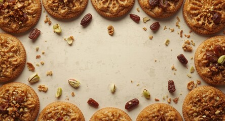 Fototapeta premium Birds eye perspective of Arabic Eid semolina cookies enhanced with dates walnuts and pistachios with space for text