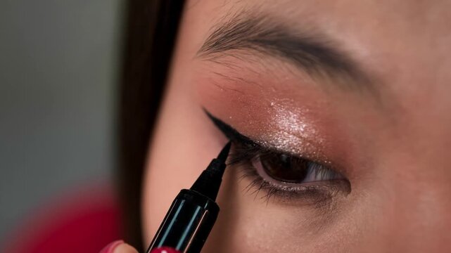 Woman Applying Eyeliner, Brow Gel, and Mascara Makeup