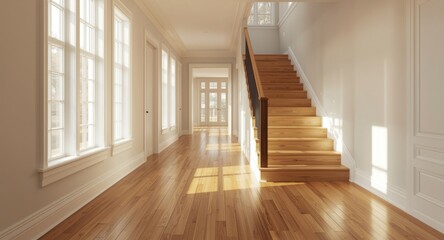 Obraz premium Cheerful hallway illuminated by daylight with premium hardwood flooring and a stylish stairwell
