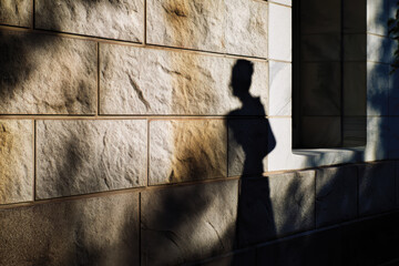 This image captures a striking shadow cast against a textured stone wall, creating a captivating interplay of light and form that evokes deep contemplation and intrigue.