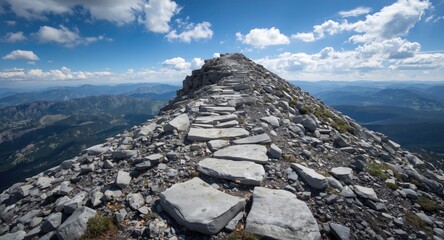 Naklejka premium Jagged stone path fragmented near mountain peak area