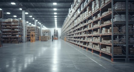 Fototapeta premium Blurred background showing warehouse aisle and shelves holding cold storage items