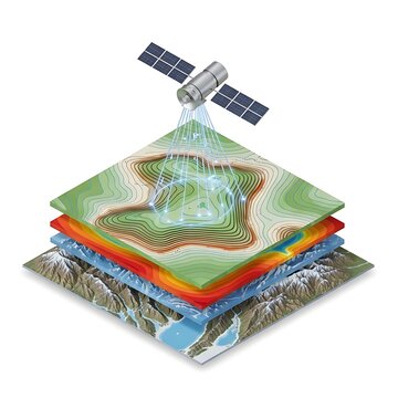 Satellite technology capturing and layering comprehensive geographic data for advanced spatial analysis and digital mapping, showcasing modern remote sensing capabilities