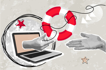 Trendy Halftone Collage hand of a man asks for help. Another person is stretching a lifeline and wants to help. Helping Business to survive.	