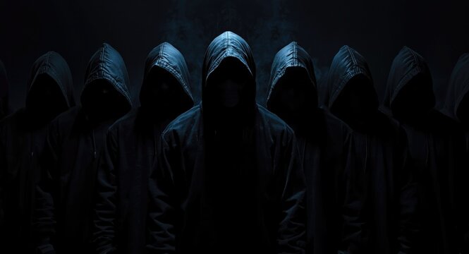Group of nine threatening hooded figures standing in shadows