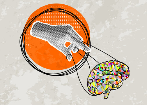 Trendy collage. Hand holding brain like puppet with strings on grey background. Concept of psychological manipulation, control, neuroscience, pharma influence and ethical awareness in society.
