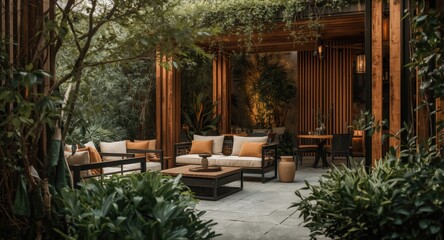 Obraz premium Cozy patio lounge with wooden elements and stylish outdoor seating