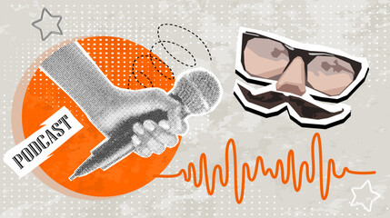 Trendy Halftone Collage Online Broadcasting concept. Audio recording of interview. Hand holding microphone and eyes in glasses. Talking in podcast. Streaming service. Vector art	