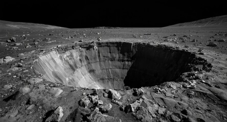 Fototapeta premium Close examination of moon crater walls on a terrestrial planet surface