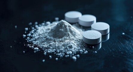 Obraz premium Close view of powdered fentanyl and white tablets on shiny reflective background depicting addiction theme