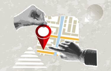 Trendy Halftone Collage Hand holding location pin. Contemporary art with position element. Delivery route. Travel way and find trip. GPS point navigation. Transport logistic. Vector illustration	