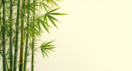 Obraz premium Bright background showcasing healthy bamboo stalks and green leaves with ample copy space