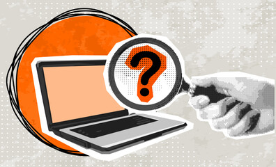 Trendy Halftone Collage Hand with a magnifying glass look at the question mark in laptop. Searching. Modern collage style. Vector illustration	