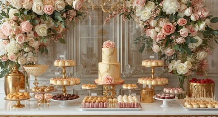 Golden wedding dessert table showcasing a candy bar with floral decoration and a variety of sweets