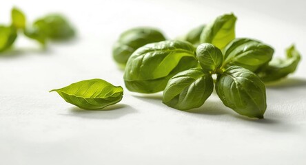 Obraz premium Fresh organic dried basil leaves displayed for culinary and tea uses on white