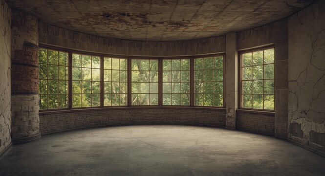 Empty room in vintage style with roughened walls and panoramic windows overlooking leafy outdoors