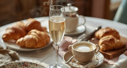 Obraz premium Focused capture of a champagne glass among an array of breakfast delights featuring croissants and coffee