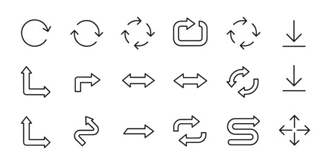 Vector set of minimalist outline arrow icons, collection of linear direction pointers and navigation symbols for web and mobile app UI design.