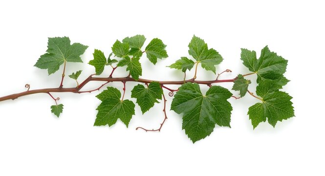 Grapevine branch isolated with abundant leaves and winding tendrils set on a clean white surface