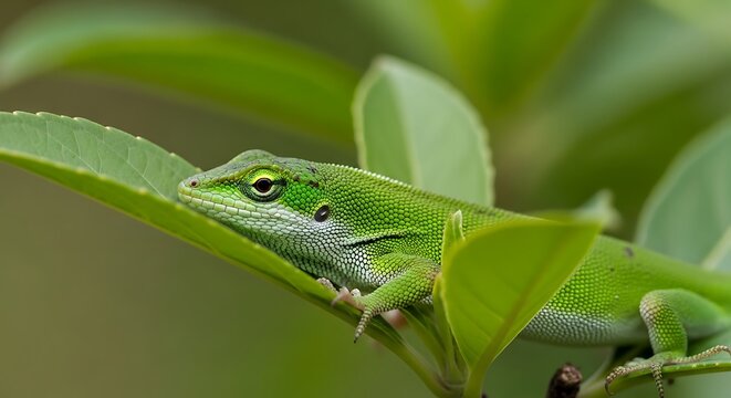 Green anole blending with leafy vegetation