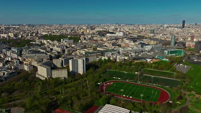 Paris, France - 25.07.2025: Panoramic view of Paris. Aerial view of stadiums Le Parc des Princes and Stade Jean-Bouin in Paris