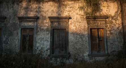 Fototapeta premium distressed building facade backdrop with aged surface texture