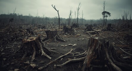 Deforestation impact shown by scattered tree stumps