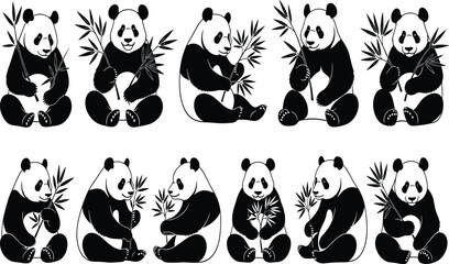 Black and white panda illustrations, bamboo eating animal vector artwork, wildlife character design collection, Chinese culture motif, conservation nature drawing set © Shoriful