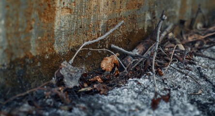 Fototapeta premium Artistic closeup of a stained concrete wall featuring frozen wood and natural debris in winter