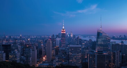 Fototapeta premium Digital AI created city view featuring a dusk skyline with illuminated structures and soft sky