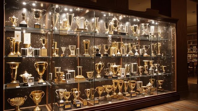 Large Trophy Case Showcasing Golden Awards Achievements Success