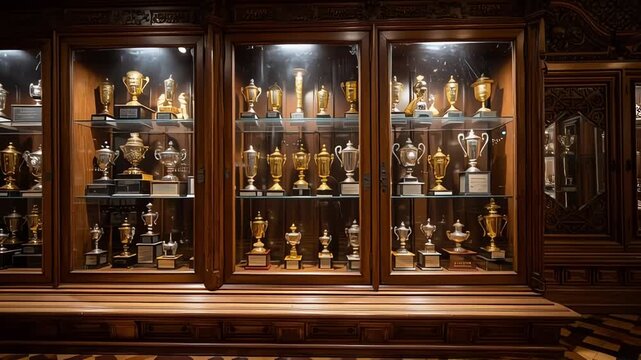 Sports and Competition Trophies in Ornate Display Case