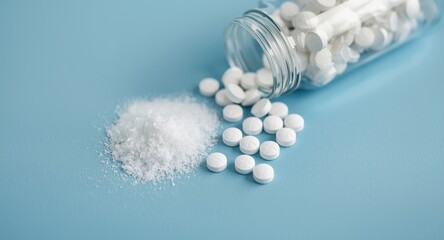 Close up image showing white sugar pills and synthetic sweetener tablets by a bottle on smooth blue backdrop