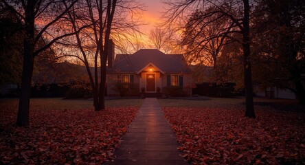 Naklejka premium Front walkway of residence with glowing autumn sky colors