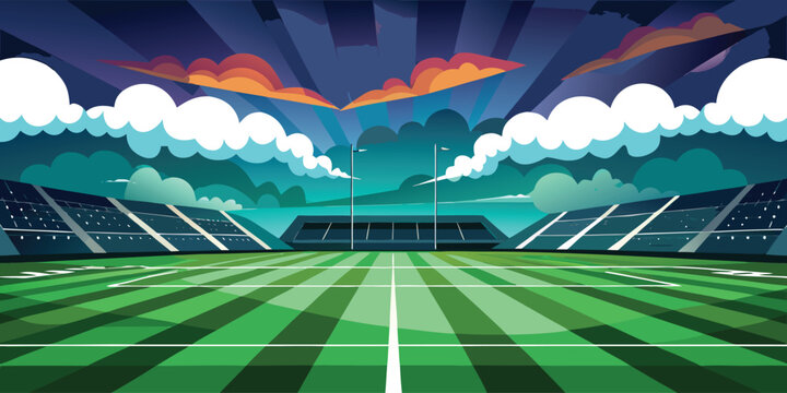 A dramatic illustration of an empty sports stadium at night with bright lights and a vibrant, cloudy sky.
