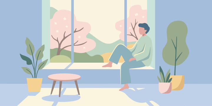 Man sits in cozy room looking out a window at a spring landscape with blossoming trees. Interior decor relaxation and nature view on transparent background.