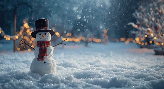 Holiday snowman standing tall in black hat on snowy ground with winter decorations