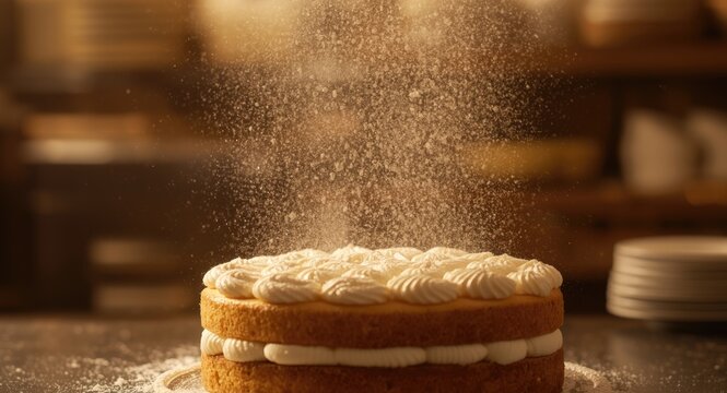Bakery background with classic sponge cake and floating powdered sugar dust