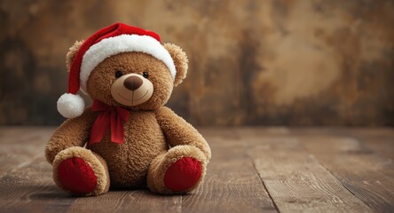Obraz premium Joyful teddy bear in red festive hat sitting on floor with blank copy space